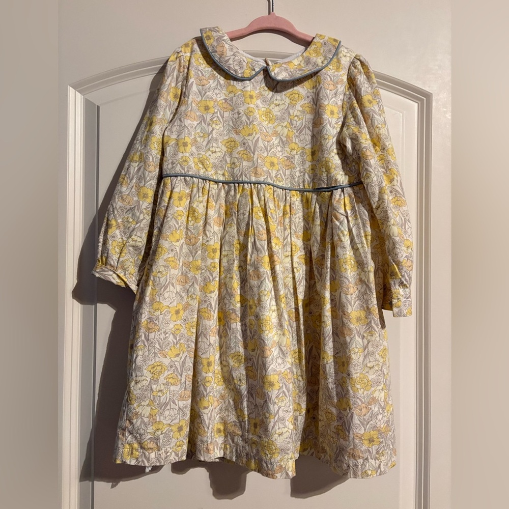 Girls' Yellow Floral Long-Sleeve Dress with Peter Pan Collar